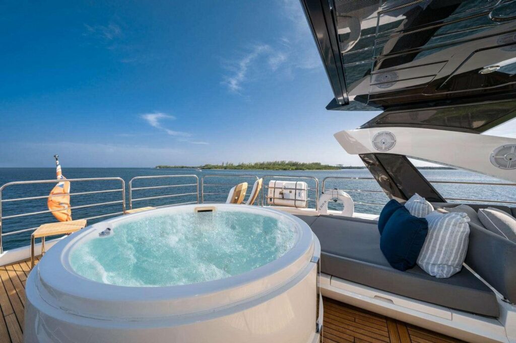 OASIS deck jacuzzi with adjoining sun lounge, yacht charter French Riviera