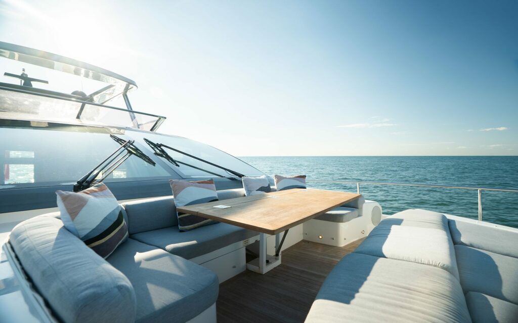 OMNIA foredeck seating and sunbathing area, yacht charter Cannes