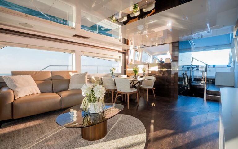 OMNIA main salon designed by Kelly Hoppen, yacht charter French Riviera