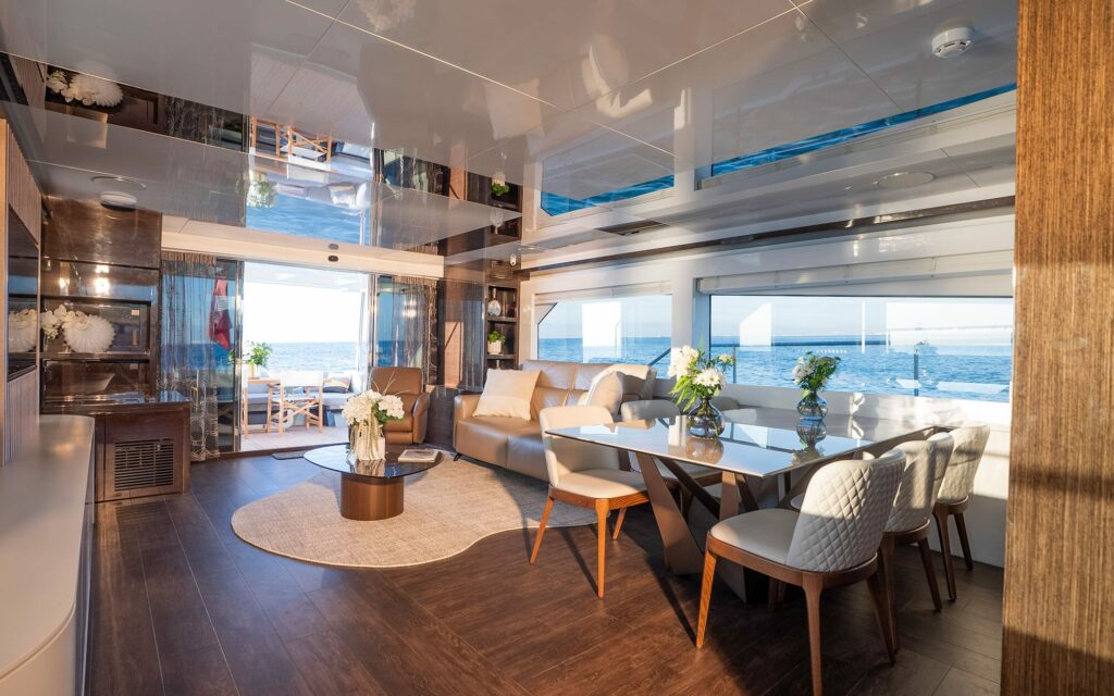 OMNIA salon and formal dining area, yacht charter French Riviera