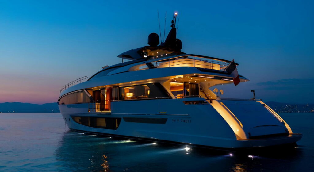 RAPH SEVEN II — Riva Corsaro 100 at dusk on the French Riviera, charter Cote d Azur