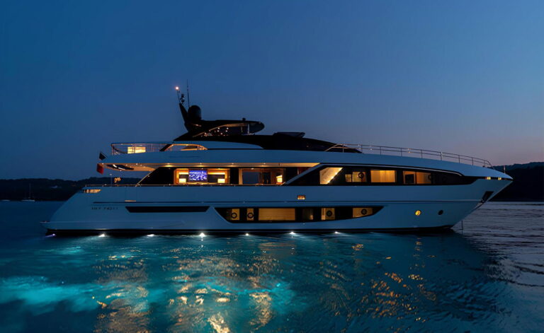 RAPH SEVEN II — yacht at anchor by night, charter Cote d Azur
