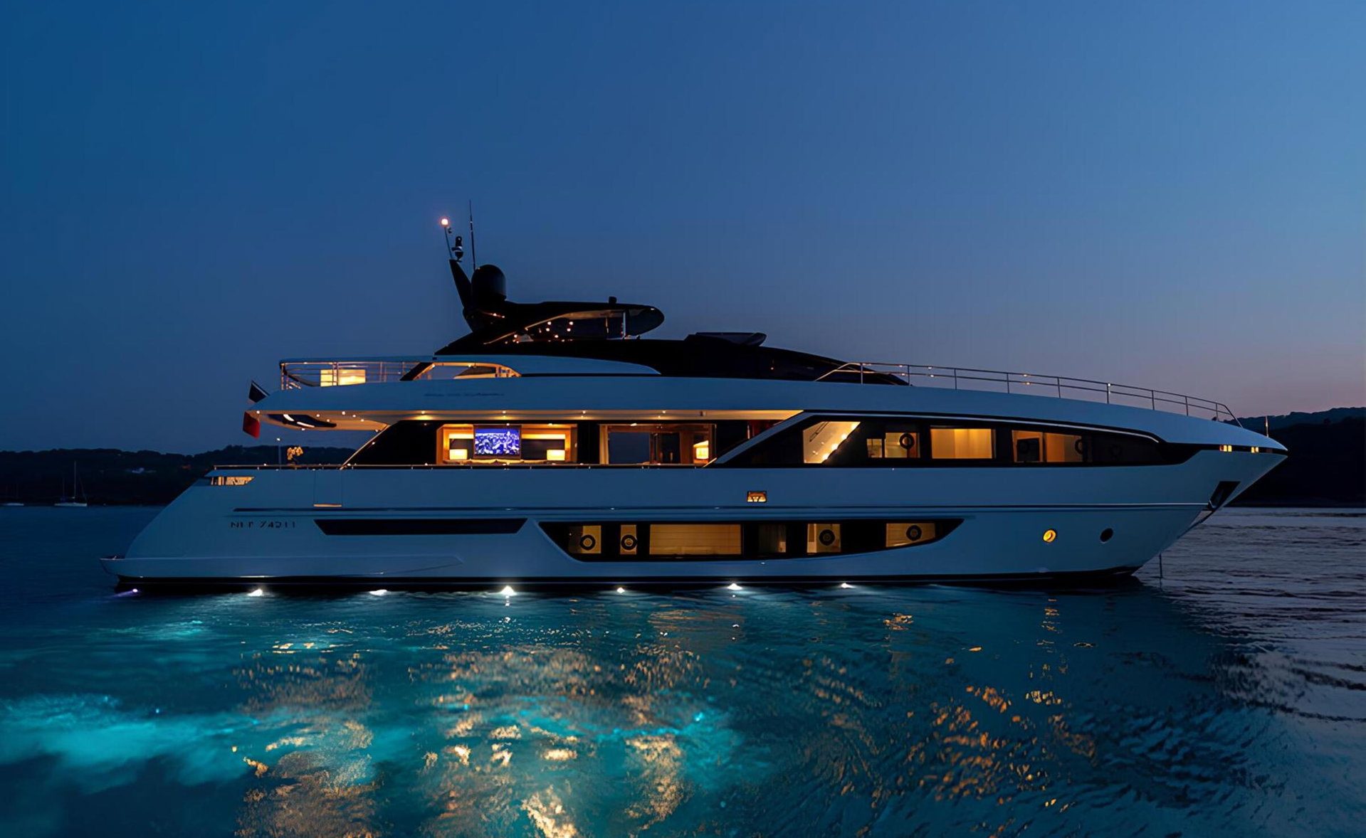 RAPH SEVEN II — yacht at anchor by night, charter Cote d Azur