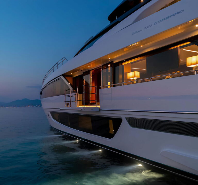 RAPH SEVEN II — bow and superstructure detail at dusk, charter Cote d Azur