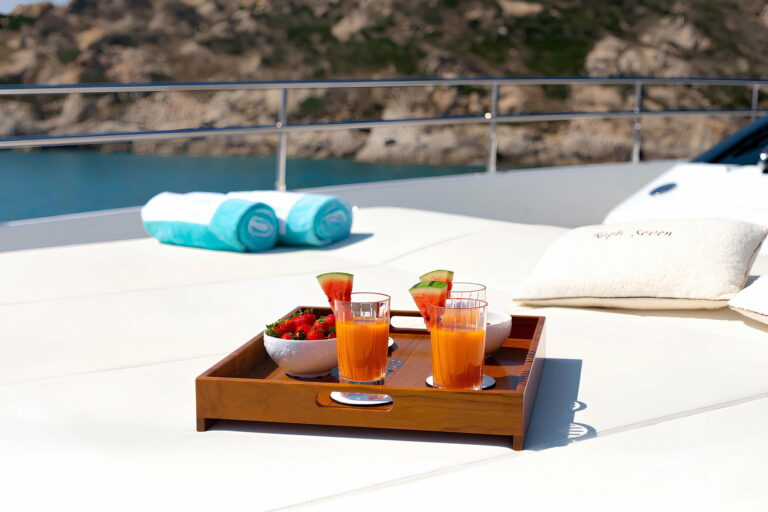 RAPH SEVEN II — sun deck detail with refreshments, charter Cote d Azur