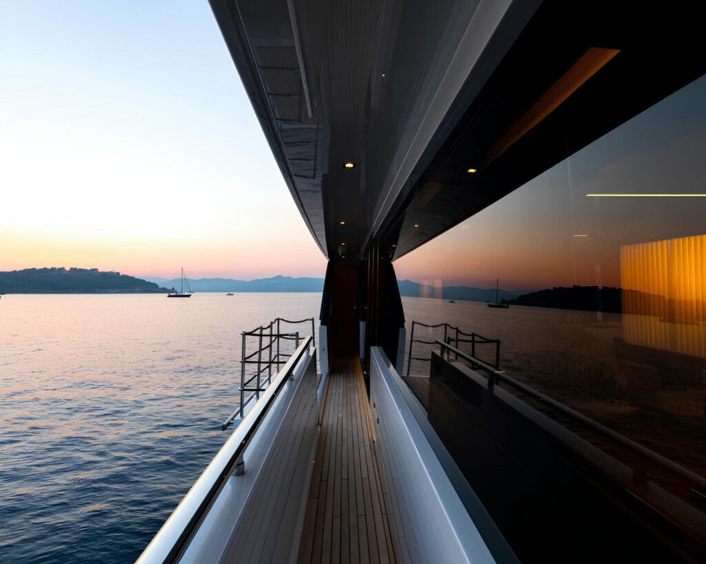 RAPH SEVEN II — teak side deck at sunset, charter Cote d Azur