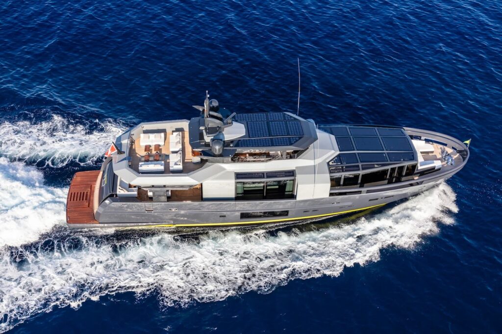 SEA CORAL II — aerial view underway with solar deck, charter Cote d Azur