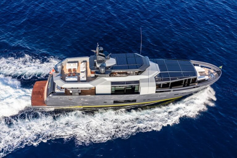 SEA CORAL II — aerial view underway with solar deck, charter Cote d Azur