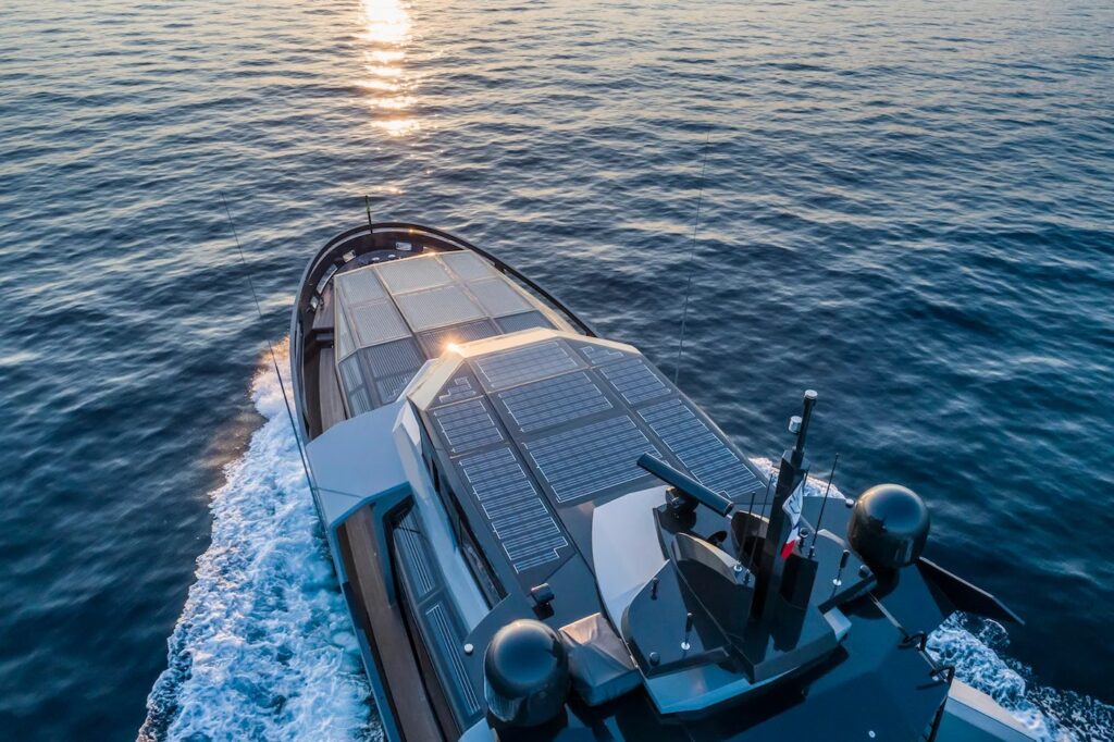 SEA CORAL II — stern quarter with wake at sunset, charter Cote d Azur