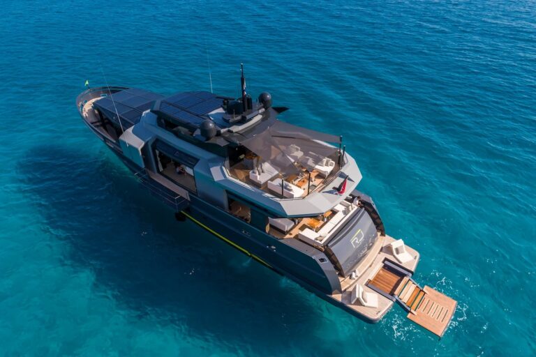 SEA CORAL II — aerial view moored in a sheltered cove, charter Cote d Azur