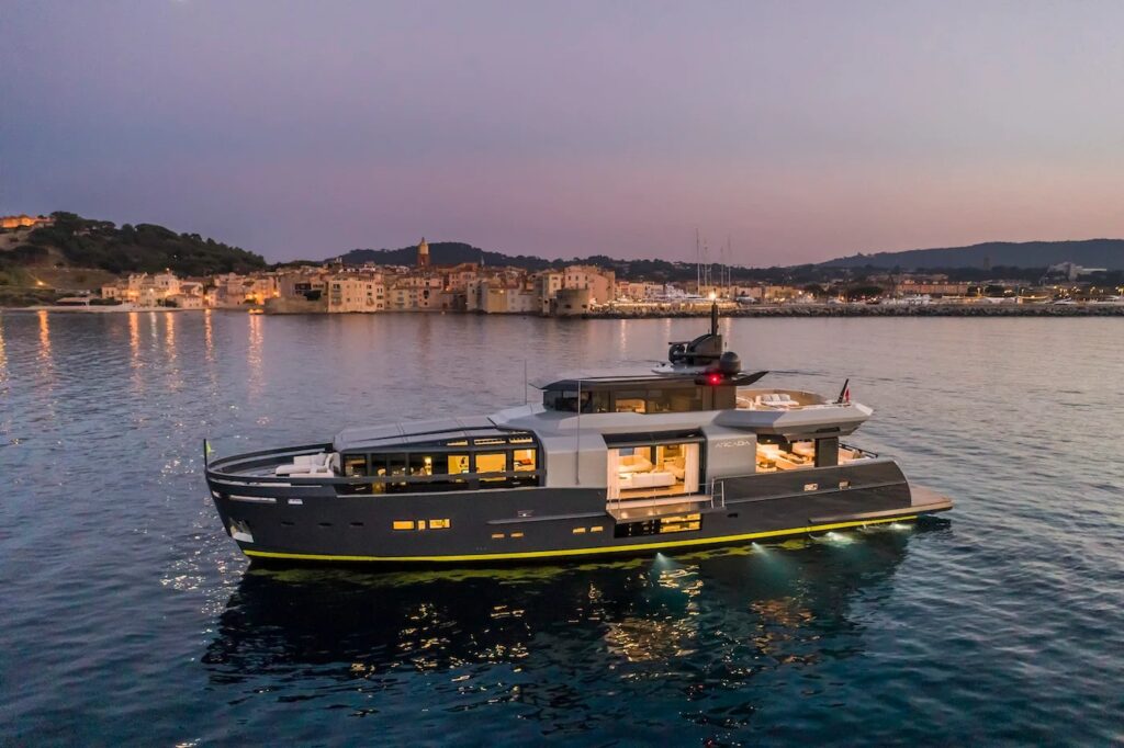 SEA CORAL II — profile at dusk off the harbour, charter Cote d Azur