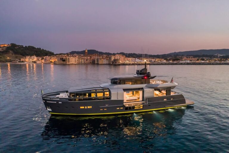 SEA CORAL II — profile at dusk off the harbour, charter Cote d Azur