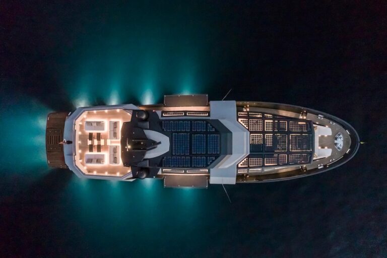 SEA CORAL II — overhead night view with underwater lights, charter Cote d Azur