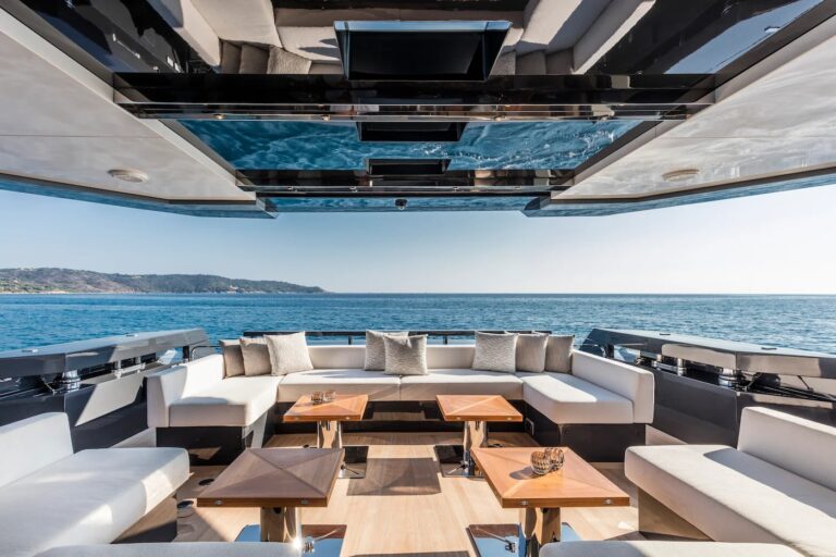 SEA CORAL II — shaded upper deck lounge and dining, charter Cote d Azur
