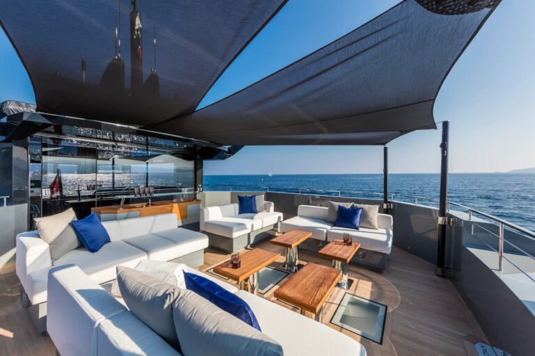 SEA CORAL II — flybridge lounge with sun awning, charter Cote d Azur