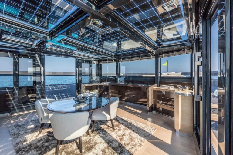 SEA CORAL II — skylounge dining area with panoramic glazing, charter Cote d Azur