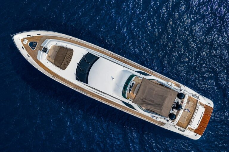 RAMSES II — overhead view of the sun deck and foredeck, charter Côte d'Azur